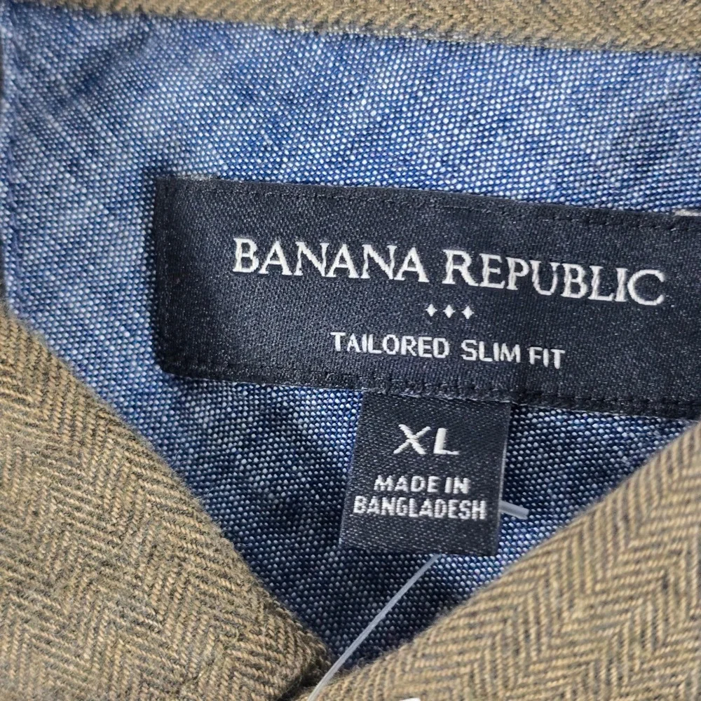 Banana Republic Mens XL Tailored Slim Fit Herringbone Utility Shirt Olive Brown